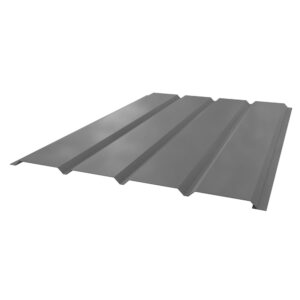 a grey metal roof with a white background soffit smooth