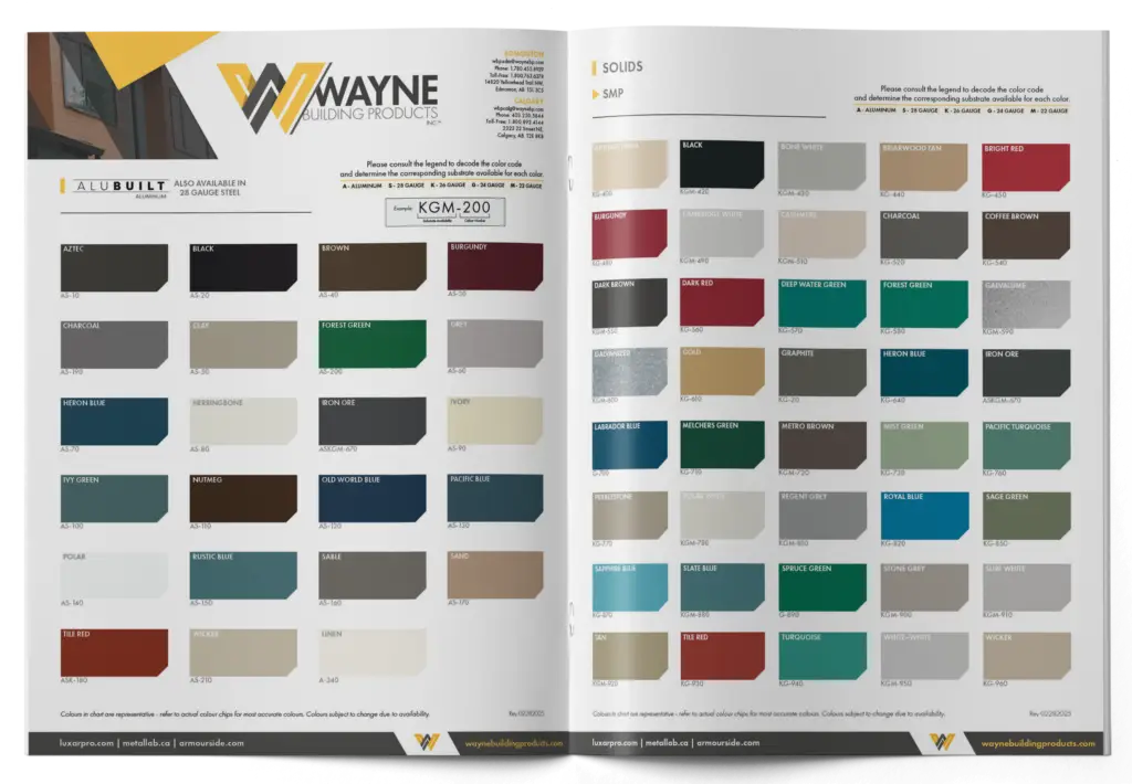 Edmonton Calgary Alberta Canada Lux Architectural Products Building Wayne Building Products Armourside Steel Aluminum Exterior Siding Rainware Metal Roofing Colour Chart Selection Booklet